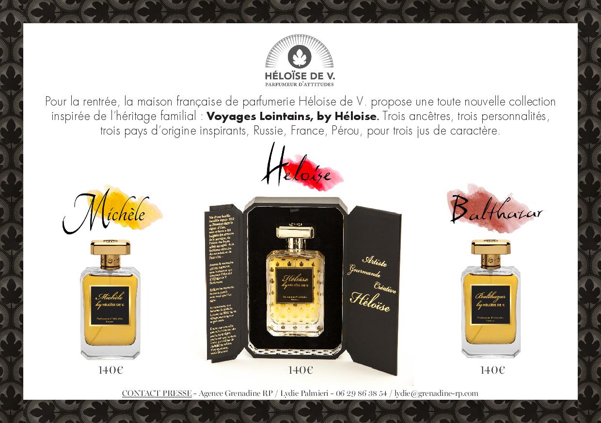 parfum de la maison de parfumerie française Héloise de V présente ses nouveaux parfums Balthezar, Héloise et Michele